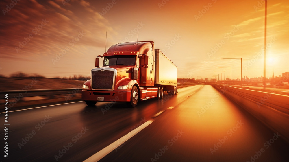 American truck on blurred motion highway