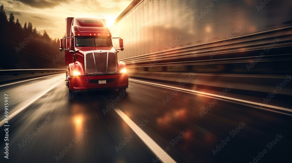 American truck on blurred motion highway