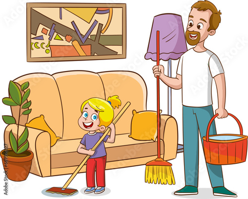 Family housework. Parents and kids clean up house cartooon vector