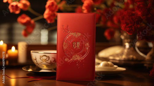 Red checkbook in a Chinese restaurant, red flowers, ornate cups, tea party setup