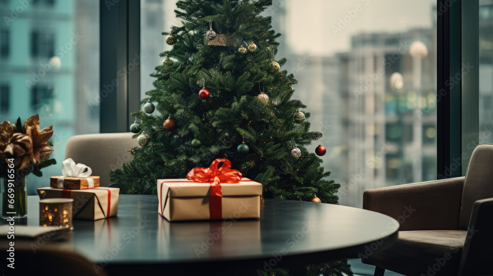Wrapped gifts on a table in front of a Christmas tree in modern apartment, Christmas morning scene with packaged presents and decorated tree