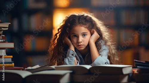 Little schoolgirl bored and tired thinking with stacked books. AI generated image