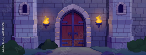 Night castle entrance. Entry dungeon prison abandoned temple, gothic ancient castles stone wall with burning torch fire light and wooden door, cartoon ingenious vector illustration