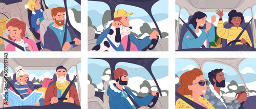 Winter driving trip. People inside car traveling on snow highway, family wanderlust senior couple driving xmas holiday in cold road automotive adventures classy vector illustration