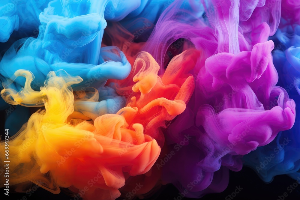 Obraz premium Colorful ink in water on a black background. Abstract background, multicolored smoke, AI Generated