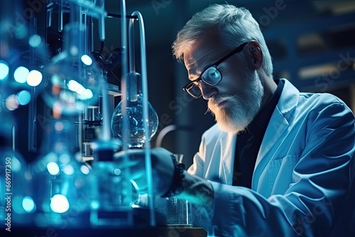 Scientist working in laboratory. Confident mature man in glasses and lab coat working with reagents while standing in lab, The Doctor of Medical Sciences works in a laboratory, AI Generated