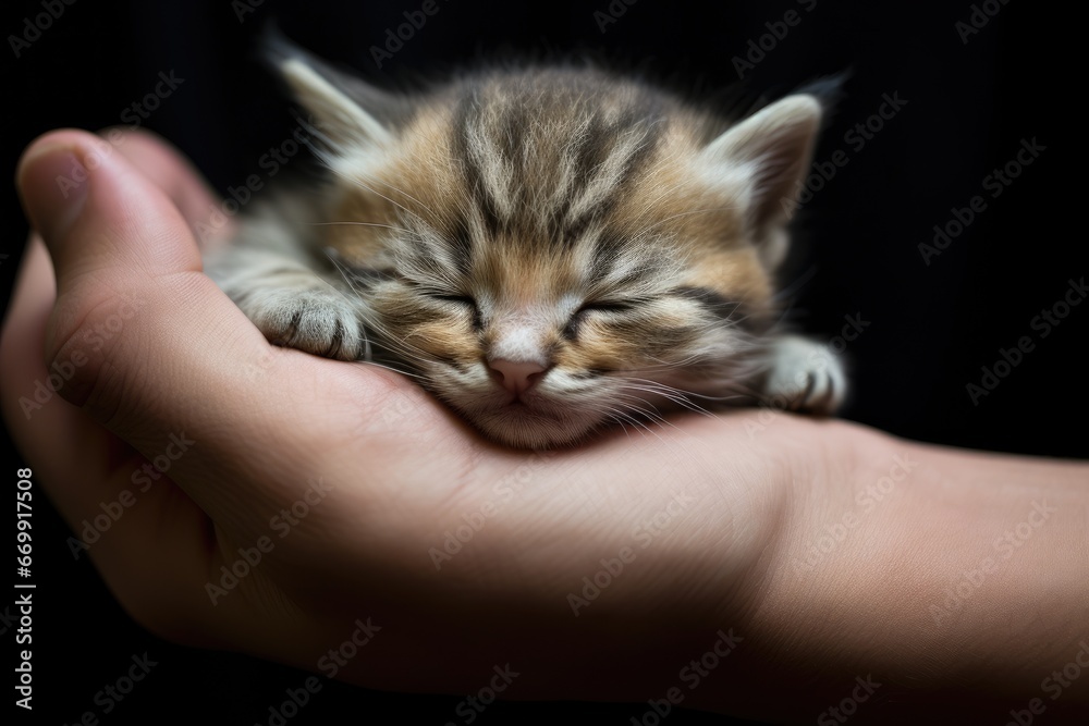 Siberian kitten sleeping in human hand on a black background, The kitten sleeps in my palm, AI Generated