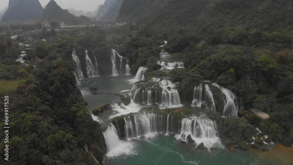 Flying towards ban gioc waterfall at Cao bang Vietnam, aerial