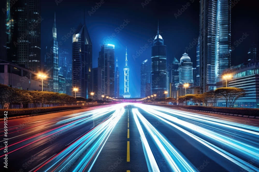 the light trails on the modern building background in shanghai china, the light trails on the modern building background in shanghai china, AI Generated