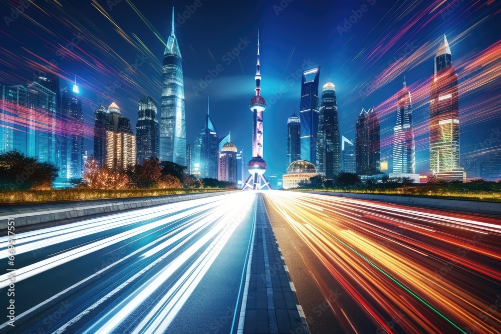 Fototapeta premium the light trails on the modern building background in shanghai china, the light trails on the modern building background in shanghai china, AI Generated