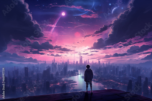 Anime Lofi Dreamscape: Silhouette of a Man Gazing Upon a Futuristic City at Sunrise, Embracing a Fantasy World with Planets and Future Wonders
