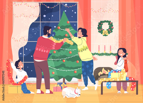 Family decorate tree. Mother dad and children prepare christmas decorating for new year december holiday in house living room with fireplace, merry xmas classy vector illustration