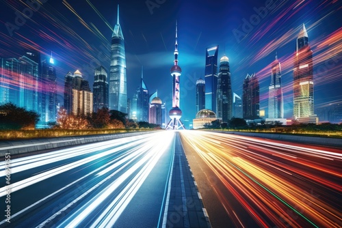 the light trails on the modern building background in shanghai china, the light trails on the modern building background in shanghai china, AI Generated photo