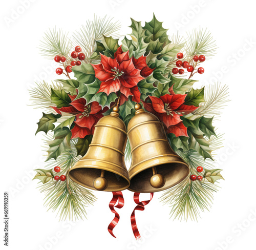 Watercolor Christmas bell. Generative AI, png image.