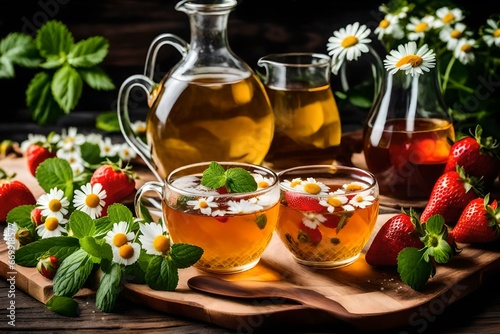 Organic chamomile and mint tea, herbal infusion tea, antioxidant. Fresh strawberries, chamomile flowers on wooden table. Natural summer tea time. Aesthetic summer lifestyle. Beautiful food