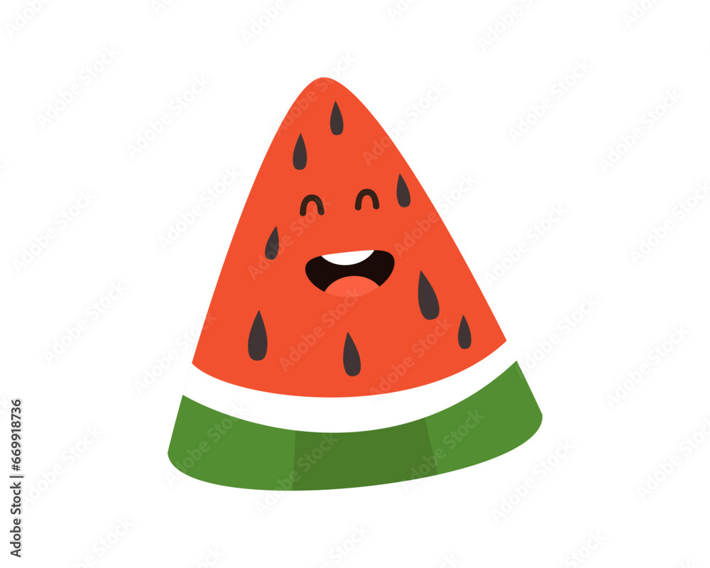 Happy watermelon slice character. Cute comic baby fruit smiling face emotion. Vector illustration Happy watermelon slice character. Cute comic baby fruit smiling face emotion. Vector illustration