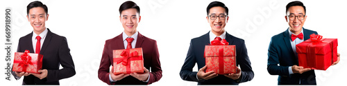 businessman with gift in hand on white background, chinese new year and christmas concept