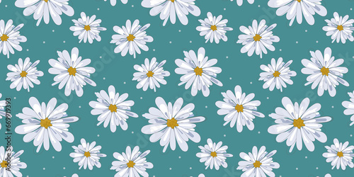Fototapeta Naklejka Na Ścianę i Meble -  Seamless background with decorative chamomile flowers, hand drawing. For printing on fabric, for decoration, postcards, wrapping material