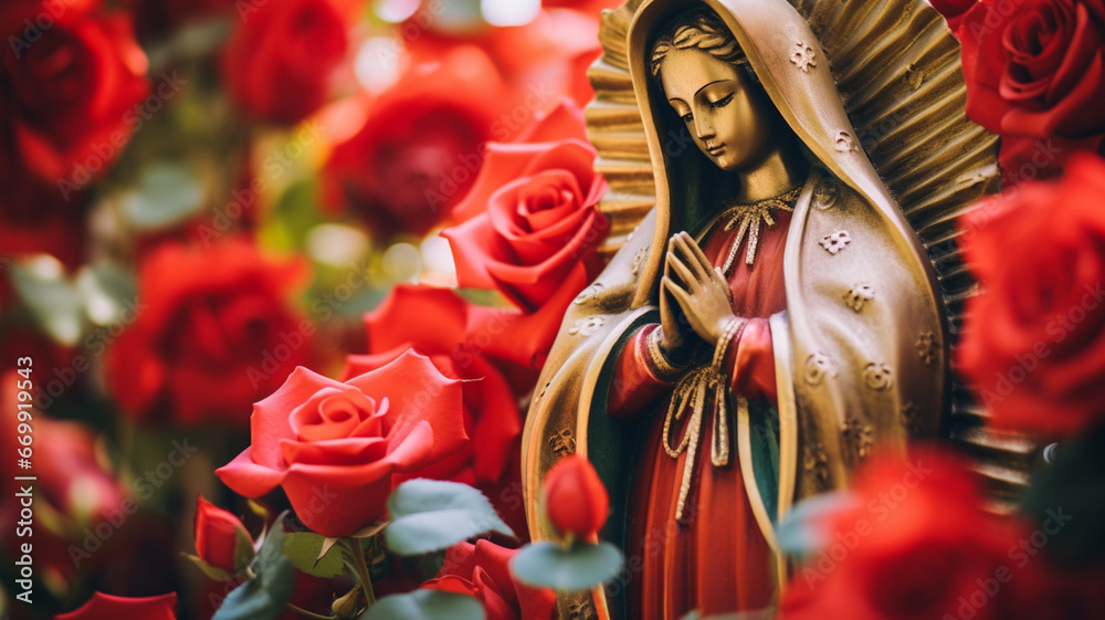 Statue of Saint Mary of Guadalupe (Virgen de Guadalupe) in honor of the celebration of the Mexican holiday of December 12