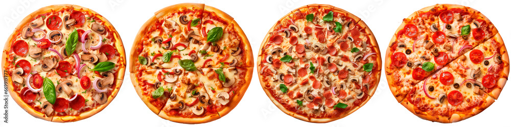 Juicy pizza, top view on white background