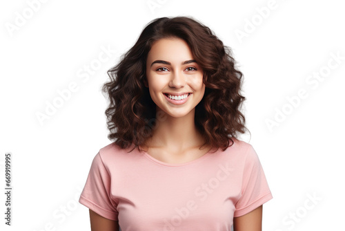 Graceful Woman Sporting a Gentle Smile in Pink Tee Isolated on Transparent Background