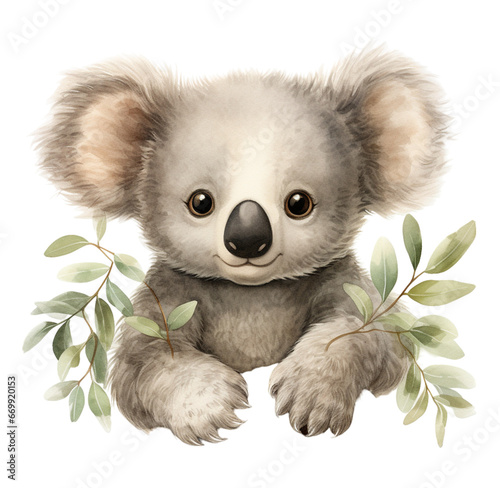 Watercolor koala on a eucalyptus tree. Generative AI, png image.