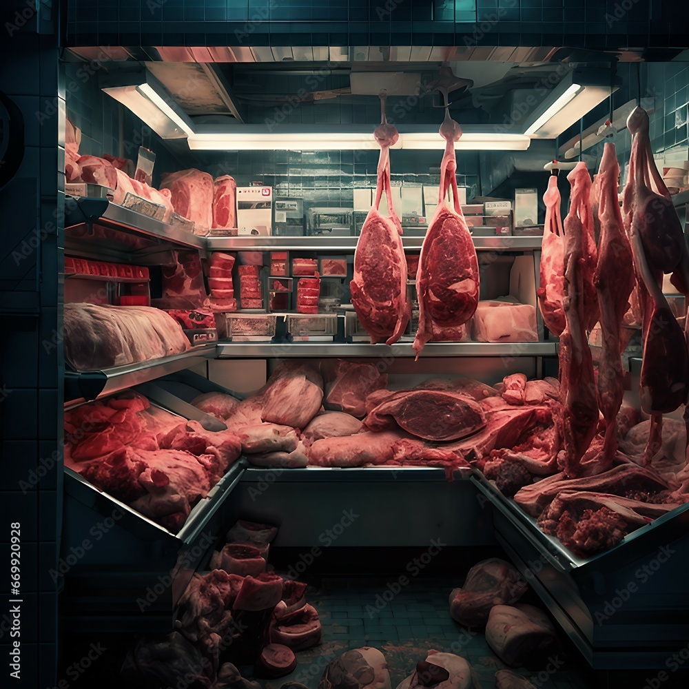 Selection of fresh raw red meat in supermarket, meat in a store. Different cuts of prime meat steaks, Butcher shop window, Generative AI