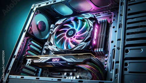 Dynamic view of an intricately designed gaming PC's internal architecture, illuminated by neon spectrum lighting. 