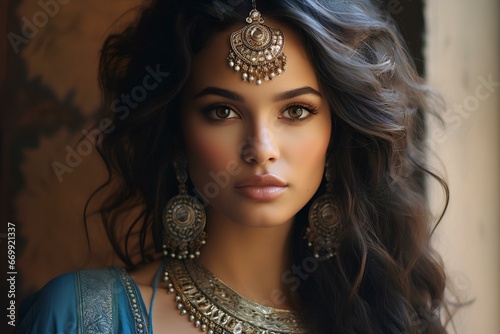 close-up striking portrait of a fashionable Indian woman, her tradition Bindi adding a dash of elegance. generative AI photo