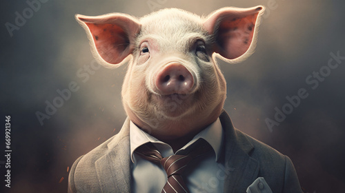 Smart and sophisticated pig wearing glasses photo