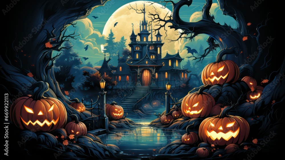 spooky pumpkin and monster horror house