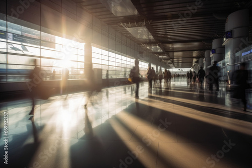 Busy airport or train terminal at dawn, motion blur