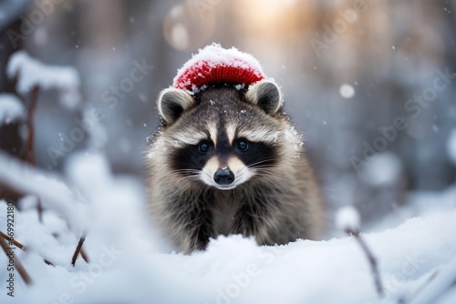 Christmas cute funny baby raccoon at winter
