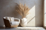A round lounge chair and a wooden vase with pampas grass stand against a stucco wall with copy space