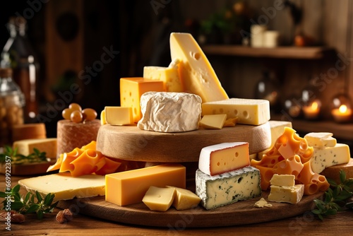 Various types of cheese on a wooden round tray on a wooden table. Generated by artificial intelligence