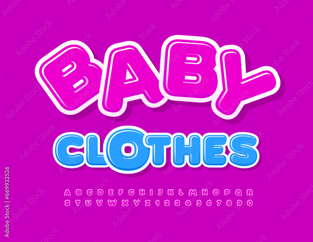 Vector playful advertisement Baby Clothes. Pink glossy Alphabet Letters and Numbers set. Bright creative Font