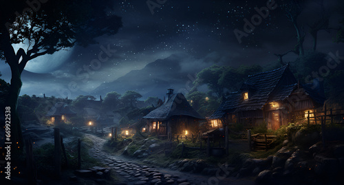 Remote ancient forest village Night sky