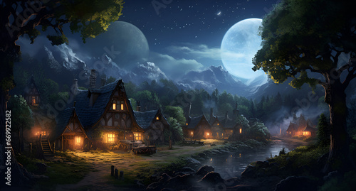 Remote ancient forest village Night sky