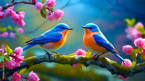 two birds sitting on a branch with pink flowers, Generative AI