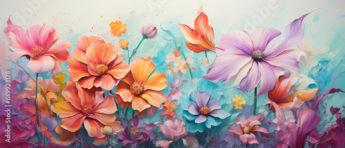 Flowers composition. Floral pattern made of pink and purple flowers on a blue background.
