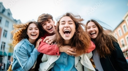 Happy group friends together walking on street town. AI generated image