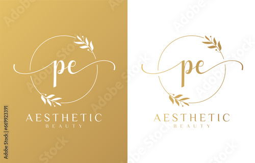 Letter PE Beauty Logo with Flourish Ornament