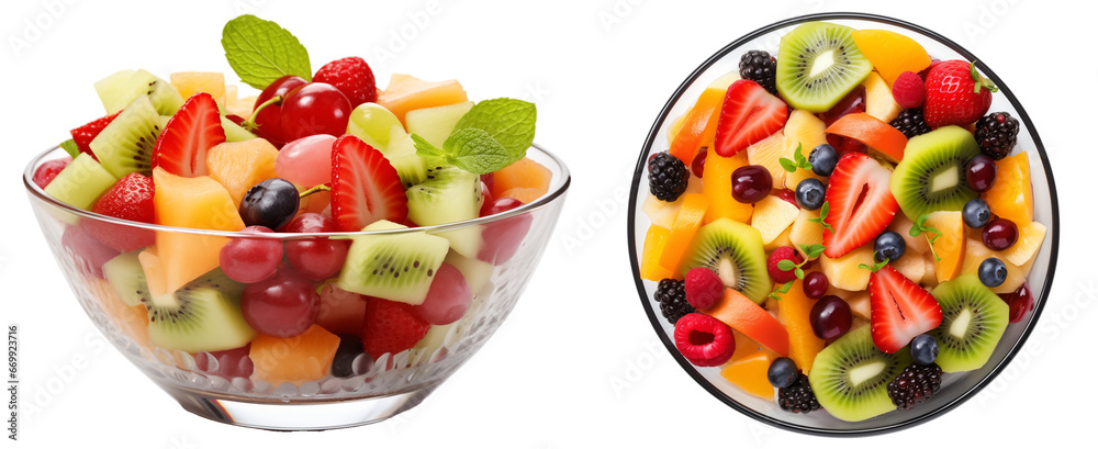 Obraz na płótnie Bundle of two fruit salad bowls with mixed berries and fruits isolated on white background w salonie