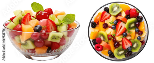 Bundle of two fruit salad bowls with mixed berries and fruits isolated on white background
