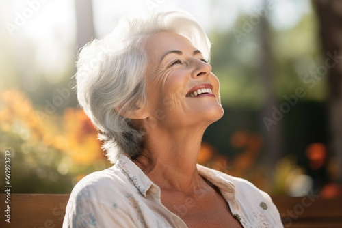Portrait of happy mature woman relaxing and breathing fresh air with sunlight in outdoor park. A mature woman enjoying a day in the park in summer Lifestyle, health care and good health