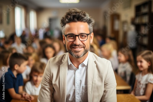 The man with glasses is a teacher