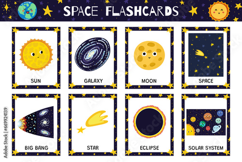Space flashcards collection with cute characters and cosmic elements. Flash cards set for kids for practicing reading skills. Learn space vocabulary for school and preschool. Vector illustration