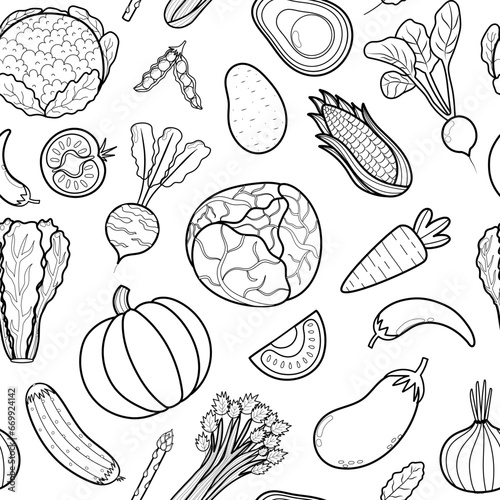 Cute vegetables black and white seamless pattern. Food ingredient outline background with cabbage, pumpkin, corn, potato, carrot and more. Organic print in cartoon style. Vector illustration