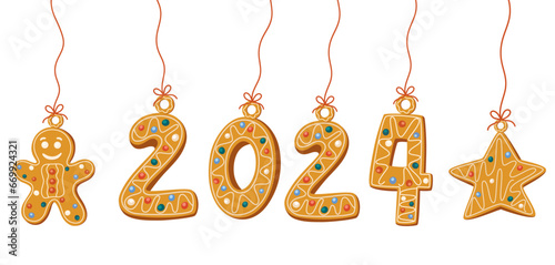 Cookie numerals hanging in phrase 2024 in cartoon style. Sweet biscuit in shape of christmas gingerbread man and star in new year message. Cute number Vector illustration isolated on white background