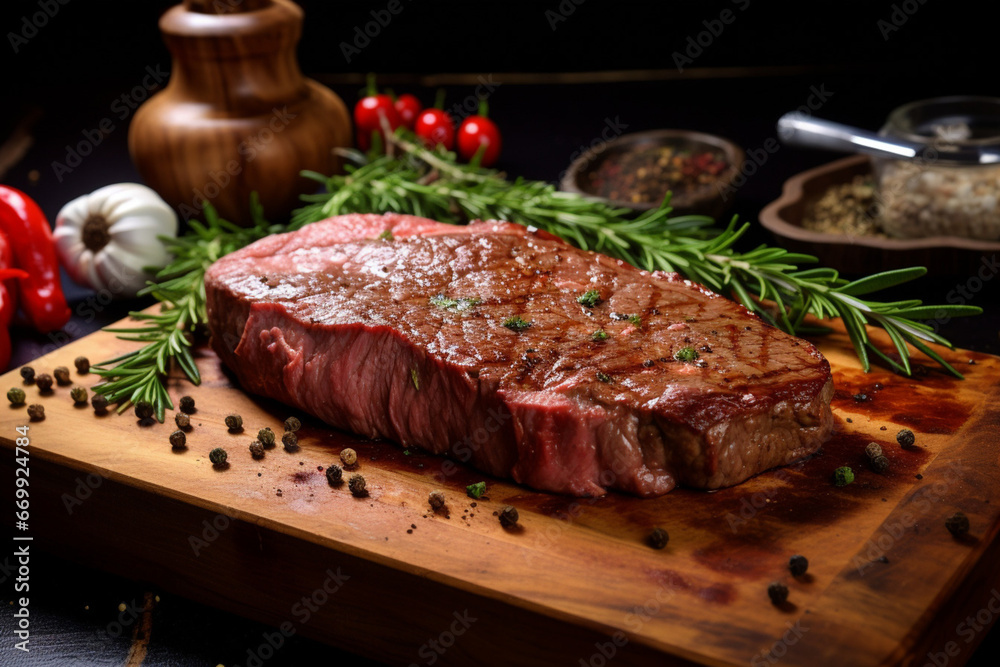 Grilled beef steak on cutting board with rosemary and spices on black background Grilled beef steak on cutting board with rosemary and spices on black background